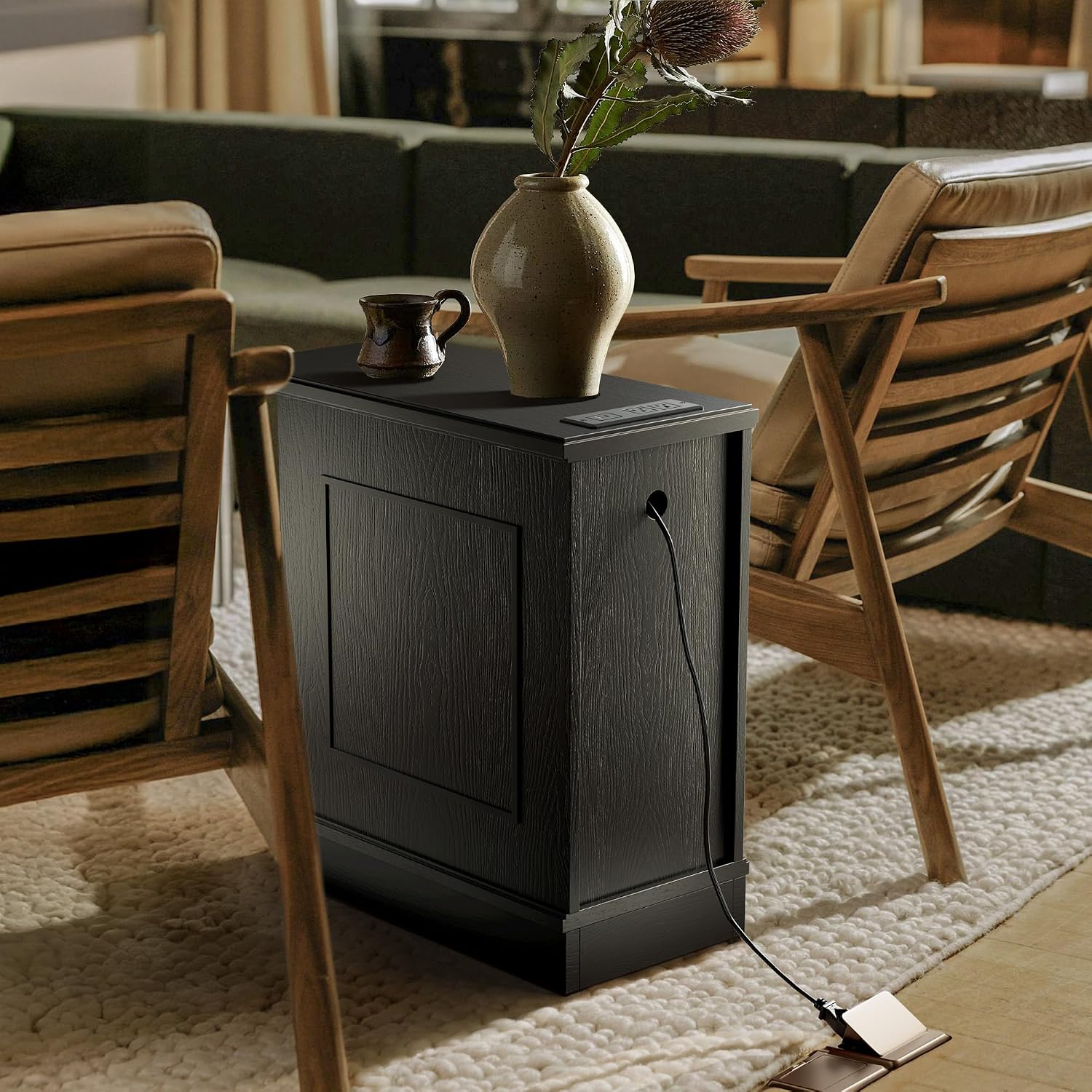 Nightstand Set of 2 with Charging Station, Vintage Wood End Table with 3 Drawer, Victoria Narrow Side Table, Slim Bedside Tables for Bedroom, Pre-Installation, Black