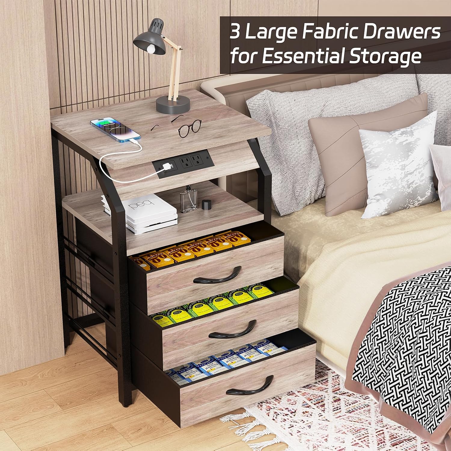 SZLHANJZ Night Stand Set of 2, Nightstands with Charger Station and LED Lights, End Tables Set with 3 Fabric Drawers, Storage Side Tables for Bedside, Living Room, Greige
