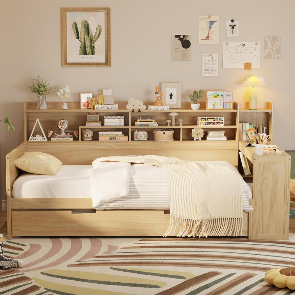 Harper & Bright Designs Twin Size Wooden Daybed with Storage Shelves, Multi-Functional Corner Bed Frame with Twin Size Trundle Bed and Study Desk for Kids Teen, Natural