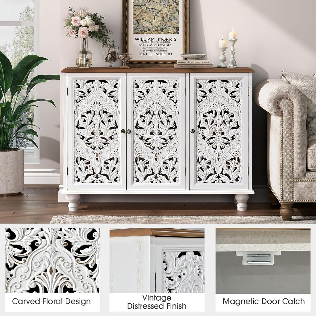 JOINICE 43' Accent Cabinet with 3 Carved Doors, White Farmhouse Buffet Cabinet with Storage & Solid Wood Legs, Boho Sideboard Console Table for Living Room, Entryway, Dining Room, Coffee Bar