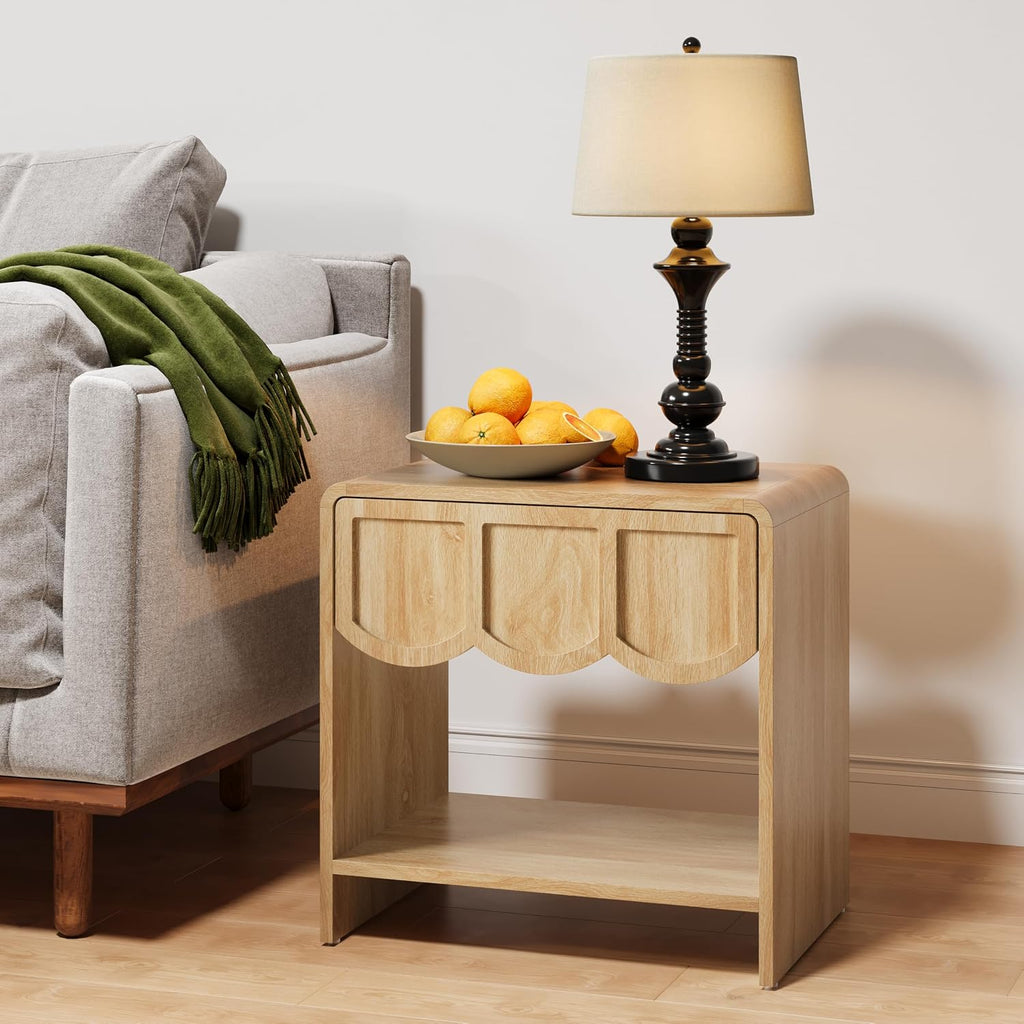 Small Night Stand Set of 2, Mid Century Modern Farmhouse Wood Nightstand with Wave Panel Drawer, Bed Side End Table for Small Space, Living Room - Natural