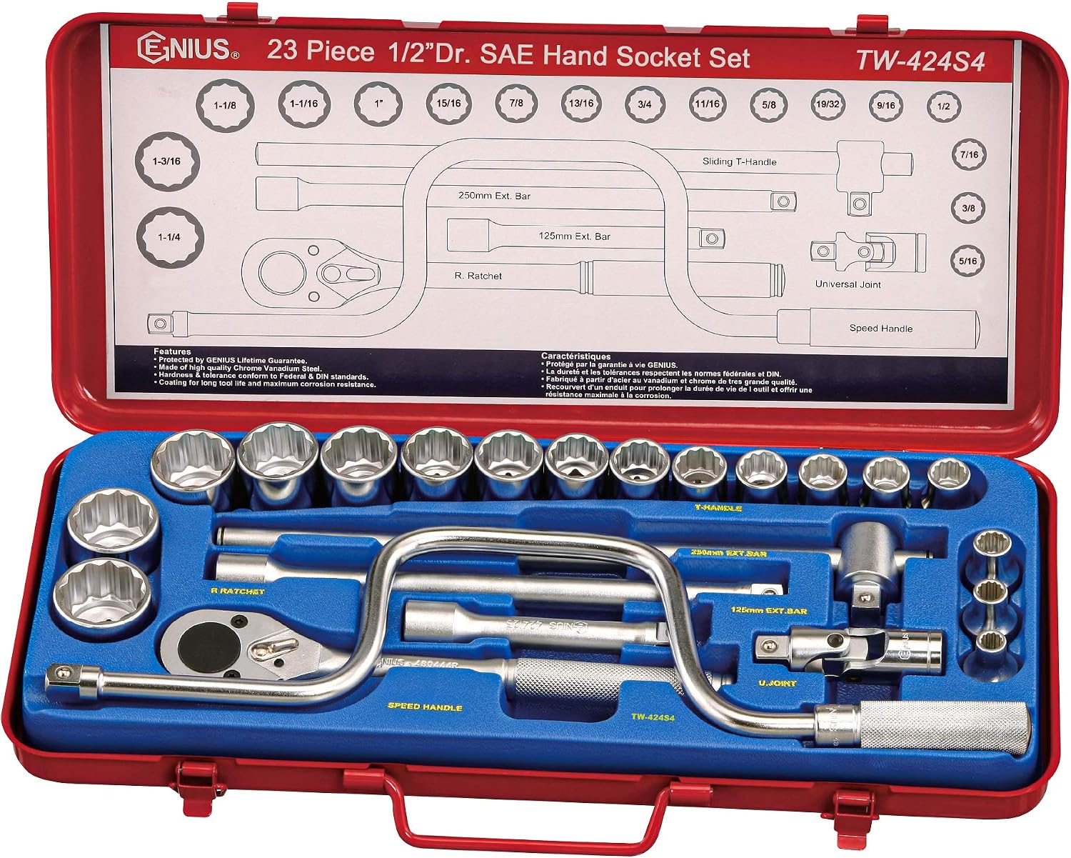 Genius Tools 23PC 1/2' Dr. SAE Hand Socket Set (12-Point) - TW-424S4