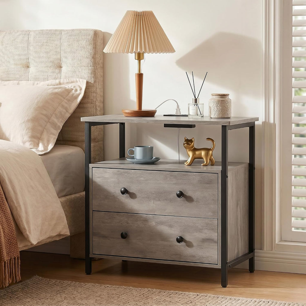 Edbuosy 27 inch Wide Night Stand Set 2 with Charging Station, Bedside Table with Open Shelf, 2 Drawers Small Wood Dresser, Modern Wood Nightstand for Bedroom/Living Room (Rustic Gray)