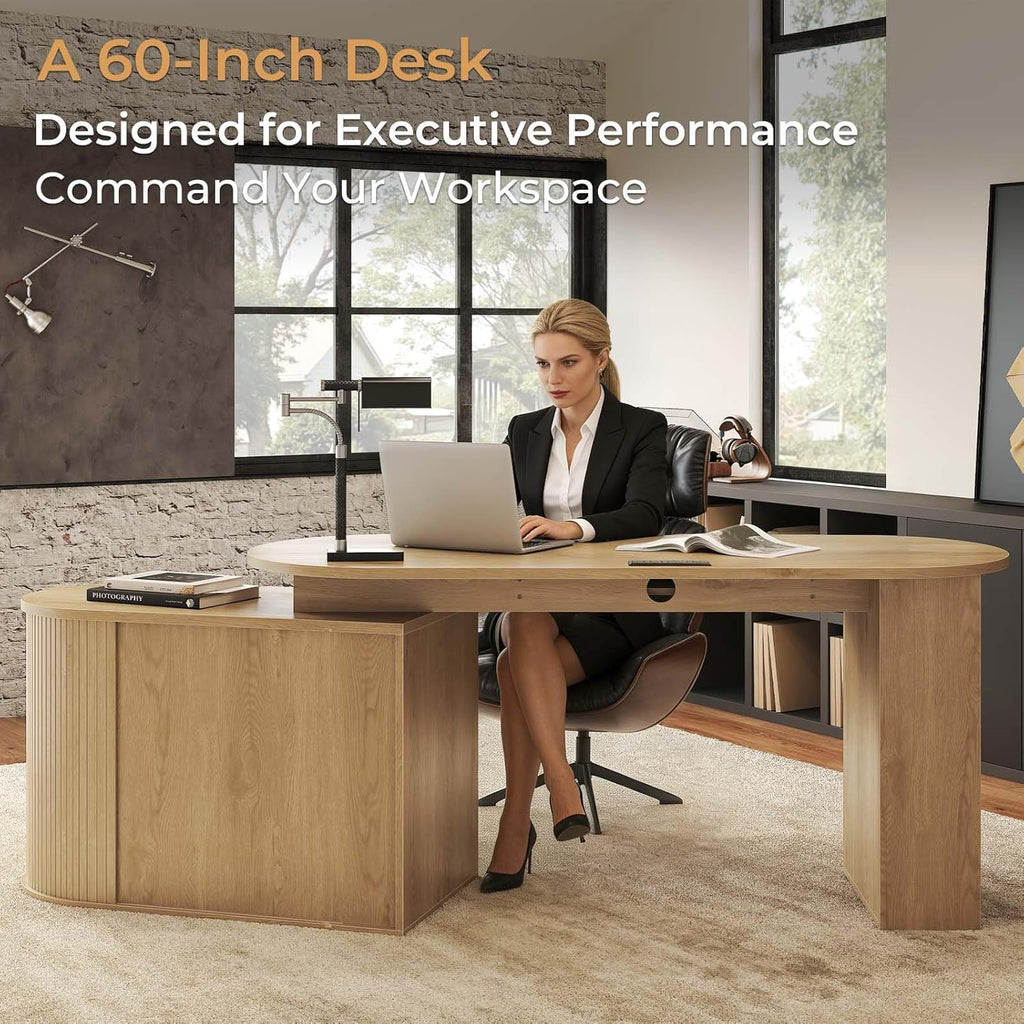 HSH L Shaped Computer Desk with Storage, Reversible Office L Desks with Cabinet and Keyboard Tray, Home Office Corner Executive Desk with Power Outlet, Oak 60 Inch