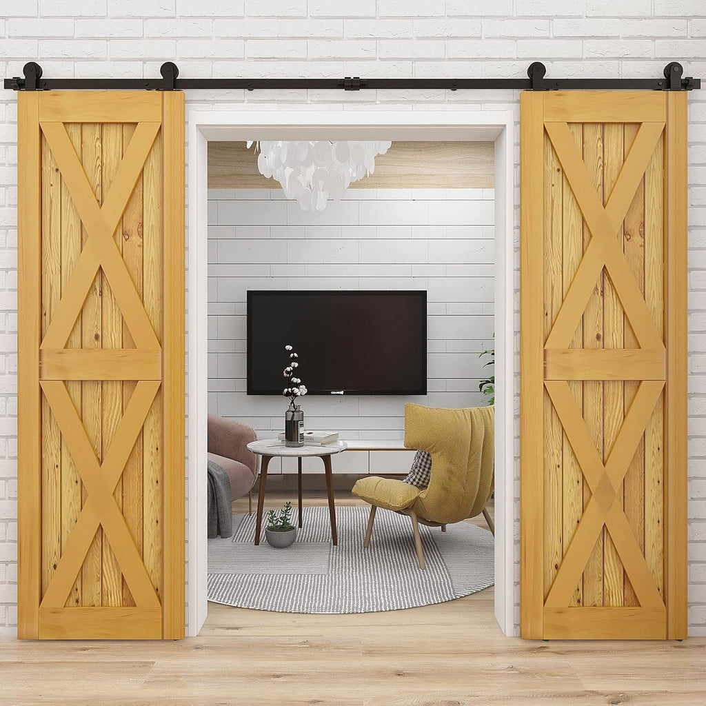 18FT Sliding Barn Double Door Hardware Cabinet Closet Track Kit Top Mount T Rollers Hangers Set for 2 Doors Black