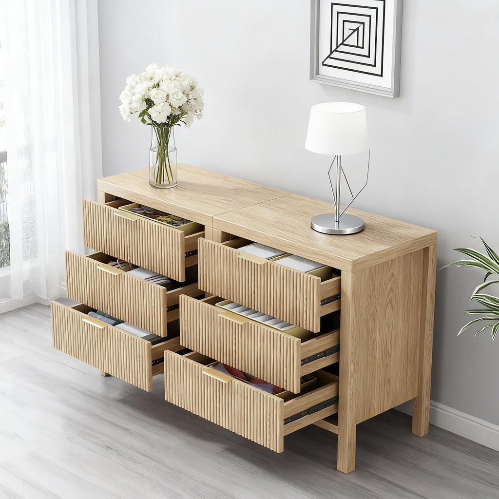 Nightstands Set of 2, Bedside End Table, Modern Wooden Night Stand with 6-Drawer - Boho Cabinet Accent Storage Furniture for Bedroom, Living Room, Nature
