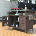 Outdoor Kitchen Rolling Bar Cart with Storage Cabinet, Farmhouse Solid Wood Outdoor Grill Table with Stainless Steel Top, Spice Rack and Towel Rack, Perfect for Barbecue Poolside Patio (Dark Brown)