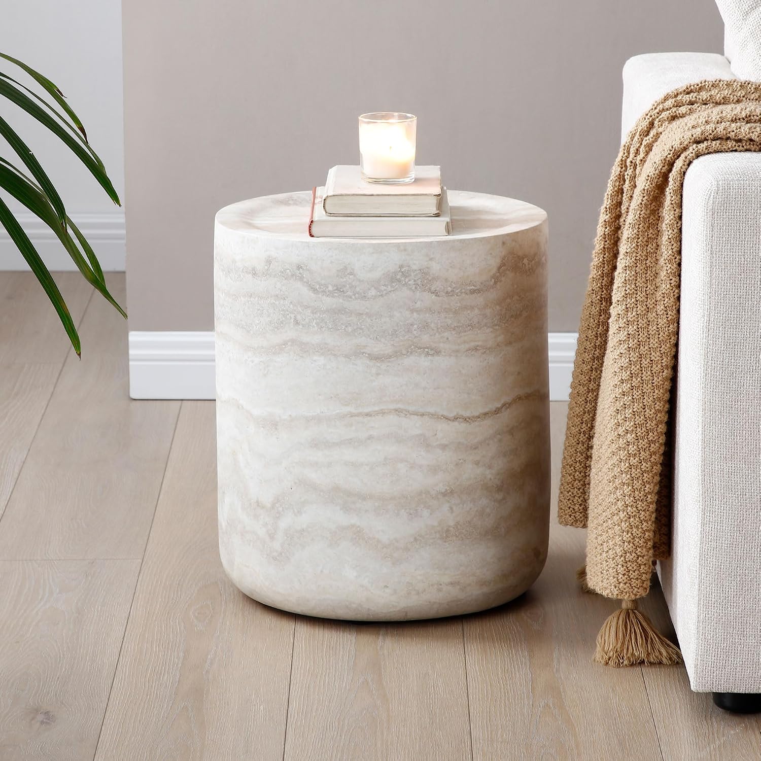 Modern Drum-Shape Side End Table for Living Room 15.74' Round Sofa Side Table Light Sand Color Circle Small Coffee Table for Home Office, Fully Assembled