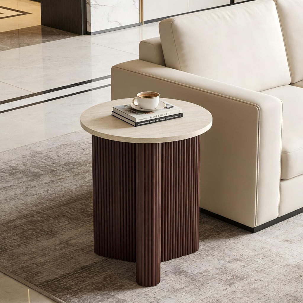 Merax Modern Round Side Table with Faux Marble Top & Brown Ribbed Base - Compact Round Coffee Table with Wooden Fluted Legs - 17.8' Accent End Table for Living Room & Bedroom, Brown