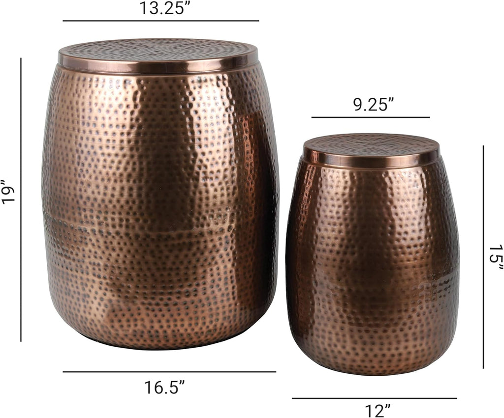 happimess SSL2002C-2SET Merida Modern Rustic 2-Piece Hammered Metal Drum Storage Side Tables with Lids, End Table for Decoration in Living Room, Bedroom, Bathroom, Antique Copper