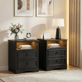 Large Nightstand Set of 2 with Drawers,17.7'W Accent Night Stand with Charger Station LED Lights, Bed Side Table with 2 Drawers, End Table with Easy Open Storage for Bedroom, Living Room,Black