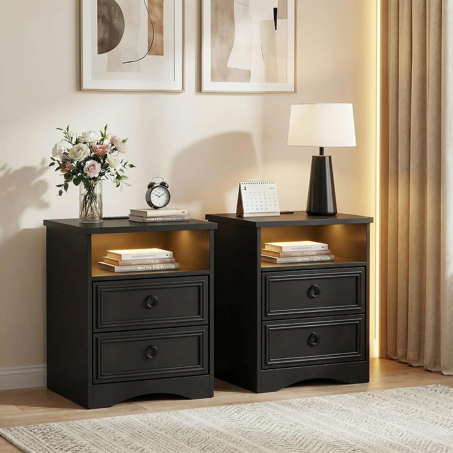 Large Nightstand Set of 2 with Drawers,17.7'W Accent Night Stand with Charger Station LED Lights, Bed Side Table with 2 Drawers, End Table with Easy Open Storage for Bedroom, Living Room,Black
