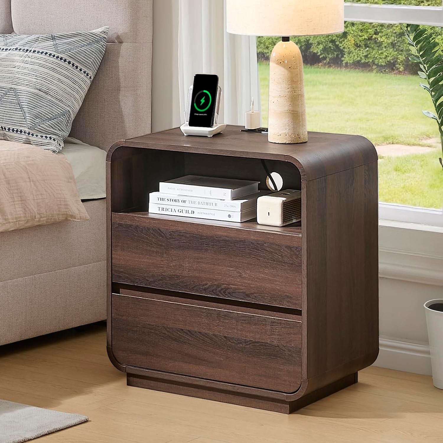 Standifurno Walnut Curved Nightstand Set of 2 with Charging Station, 23.2' Wide Wood Bedside Table 2 Storage Drawers, Modern Side Table Handleless, Large End Table Night Stand for Bedroom