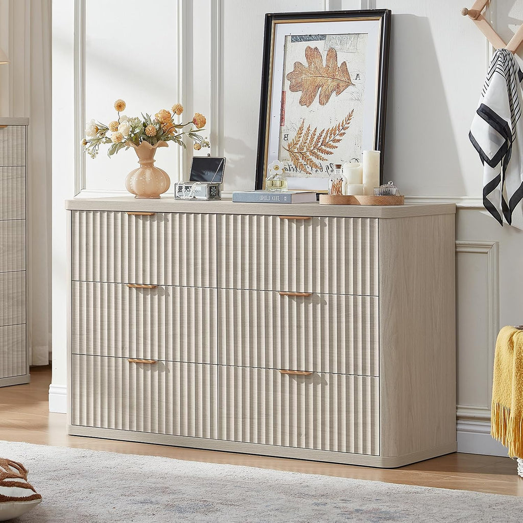 LEYAOYAO Fluted 6 Drawers Dresser Set of 2, 48' Wide Modern Chest of Drawers with Metal Handle, Light Grey Curved Profile Dresser TV Stand, Wooden Drawer Organizer for Bedroom, Living Room, Hallway