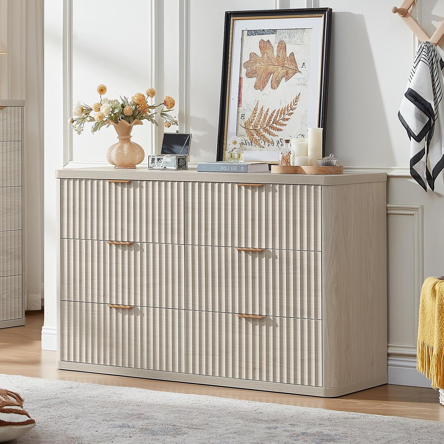 LEYAOYAO Fluted 6 Drawers Dresser Set of 2, 48' Wide Modern Chest of Drawers with Metal Handle, Light Grey Curved Profile Dresser TV Stand, Wooden Drawer Organizer for Bedroom, Living Room, Hallway