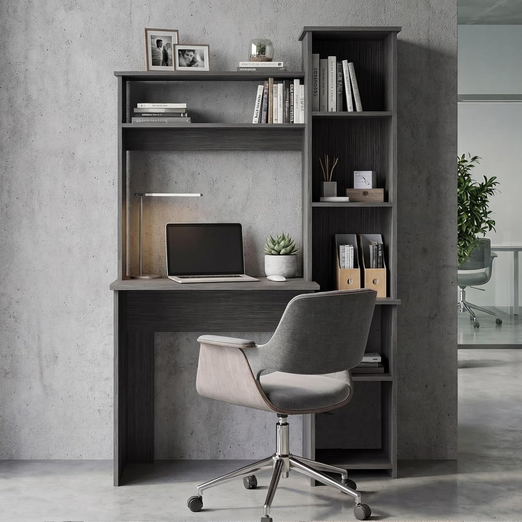 Tuhome Versalles Writing Desk with Two Superior Shelves, Five Side Open Storage Compartments, Space-Saving Modern Workstation Design for Studios and Offices, Ideal for Organization, Books