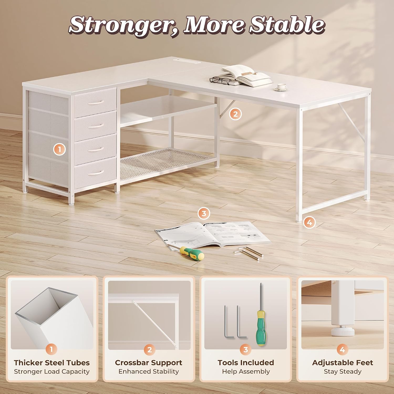 PRAISUN 53' L Shaped Desk with Power Outlets & USB-C Port, Reversible Computer Corner Office Desk with 4 Fabric Drawers and 2 Storage Shelves, Large Desk for Gaming Writing Work Study, White
