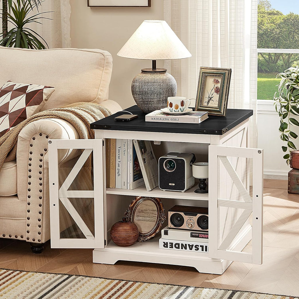 Joaxswe 24' End Table with Charging Station, Farmhouse Night Stand with Glass Barn Door, White Nightstands with Adjustable Storage Shelf, Large Wood Square Bed Side Table for Living Room,Bedroom
