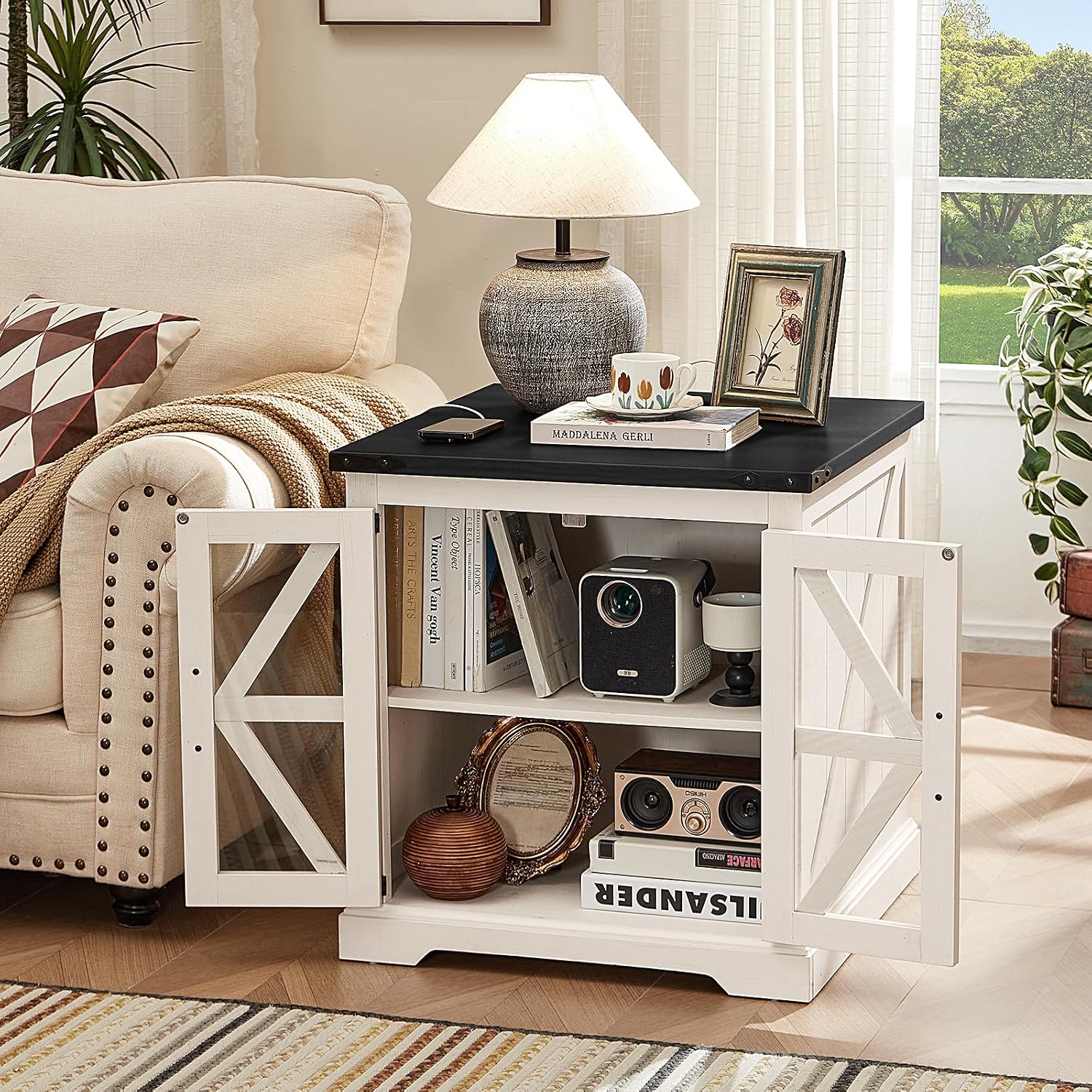 Joaxswe Farmhouse End Tables Living Room Set of 2 with Charger Station, 18'' Small Night Stand and 24' Large Side Table with Glass Barn Door Storage, Wood Nightstand Bedside Tables for Bedroom Office
