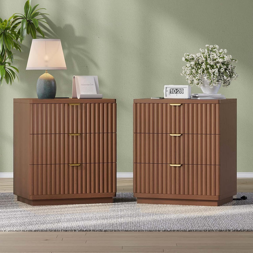 Nightstands Set of 2, Nightstand with Charging Station & 3 Drawers Storage Bedside Table Large Fluted Bed Side End Table, Modern Nightstand for Bedroom Living Room (Walmut)