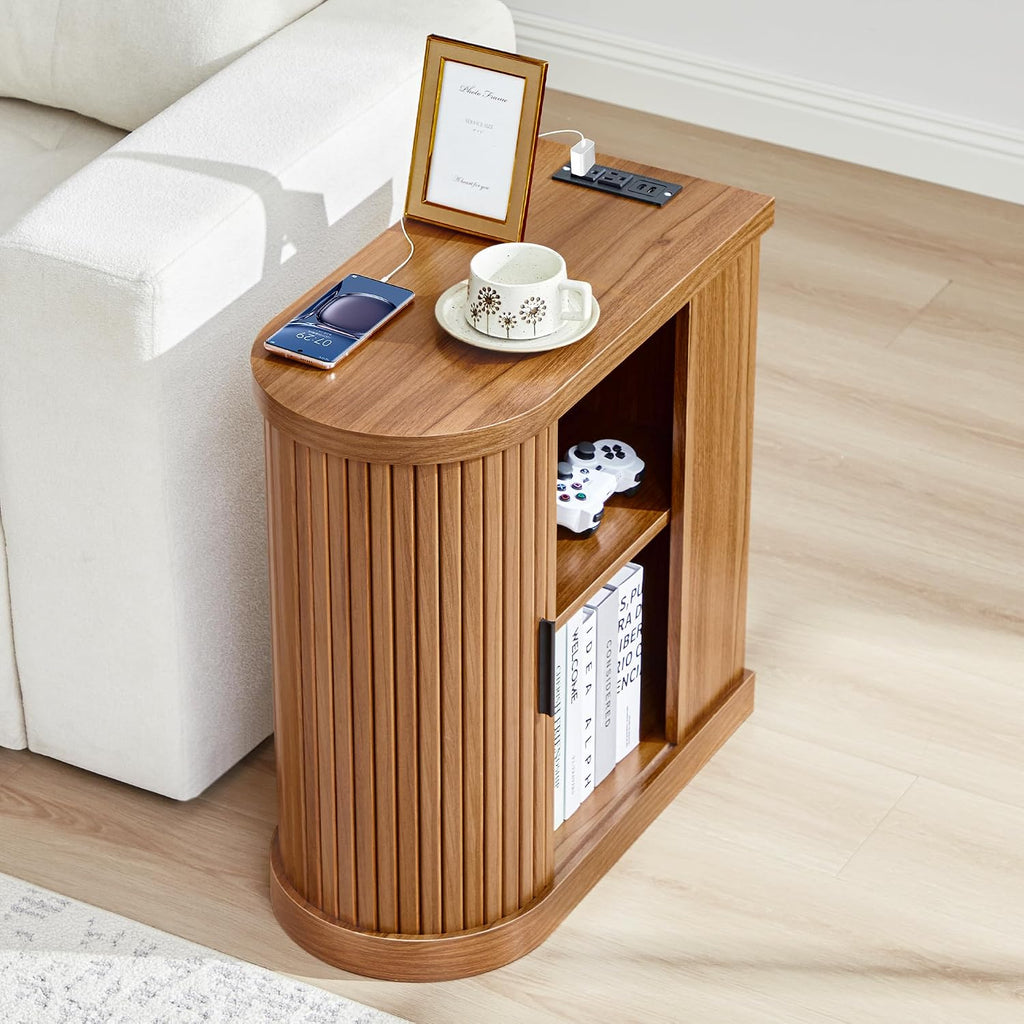 Turtle&Myrtle Nightstands with Charging Station, Narrow Side Table with Storage Doors and Shelves, Mid-Century Modern Bedside Table for Small Spaces Bedrooms, Walnut