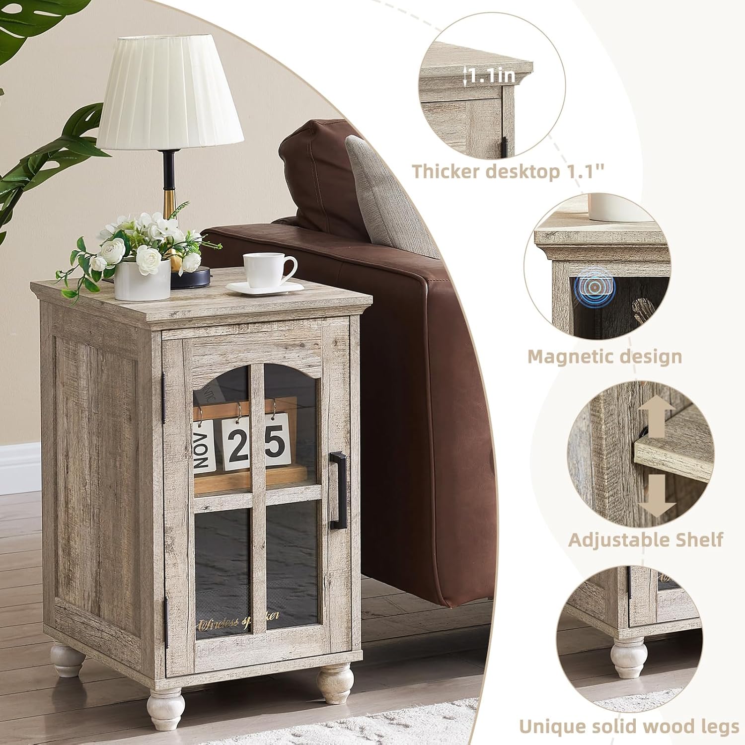 RWYHG Farmhouse End Table Set of 2 with Charging Station, 18'' Narrow Side Table and 24' Large Sofa Table with Glass Barn Door Storage, Wood Night Stand Bedside Cabinet for Living Room,Bedroom