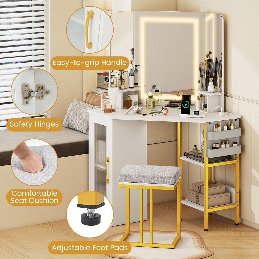LOKO Corner Vanity Desk with Mirror & Lights, Modern Makeup Dressing Table with Triple Mirror, 3 Lighting Modes & Adjustable Brightness, Matching Chair, Open Shelves & Cabinet, 2 Fabric Bags