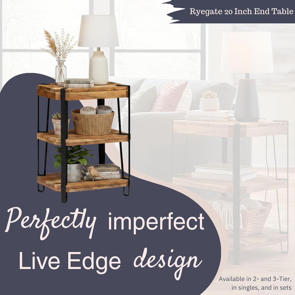Ryegate 3-Tier End Table with Storage – Live Edge Solid Acacia Wood Side Table with Industrial Metal Frame and 2 Open Lower Shelves for Living Room, Bedroom, Entryway by Alaterre Furniture