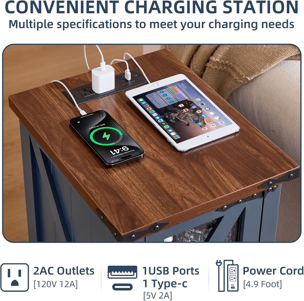 Joaxswe Narrow Night Stand Set 2 with Charger Station, Farmhouse Side End Table with Glass Barn Door Storage, Bedside Tables,Navy Blue Nightstand Cabinet Organizer for Small Spaces Living Room Bedroom