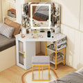 LOKO Corner Vanity Desk with Mirror & Lights, Modern Makeup Dressing Table with Triple Mirror, 3 Lighting Modes & Adjustable Brightness, Matching Chair, Open Shelves & Cabinet, 2 Fabric Bags