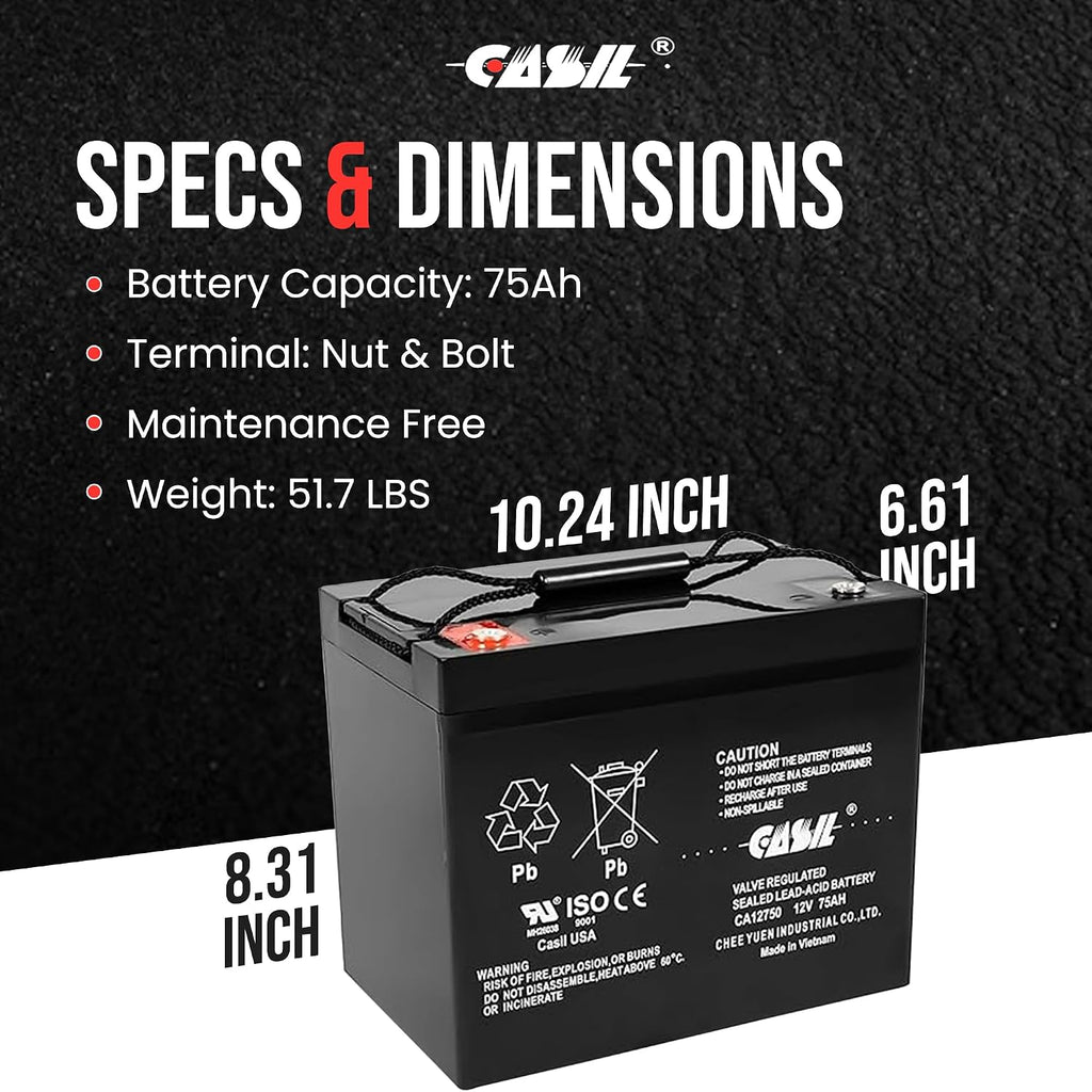 Casil 12V 75Ah Deep Cycle AGM Battery | Compatible with Wayne ESP25 WSS30V Backup Sump Pump | Solar, Trolling Motor, Mobility & General Use