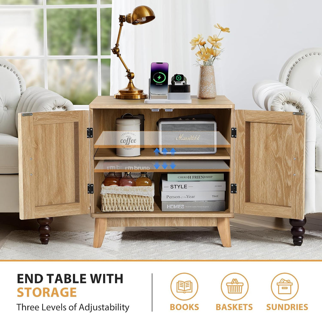 Fluted End Table with Charging Station, 2 Door Side Table with Storage, Mid Century Modern Nightstand for Bedroom Bedside, Living Room Couch Sofa, Office, Desk Side Table for Small Spaces-Natural