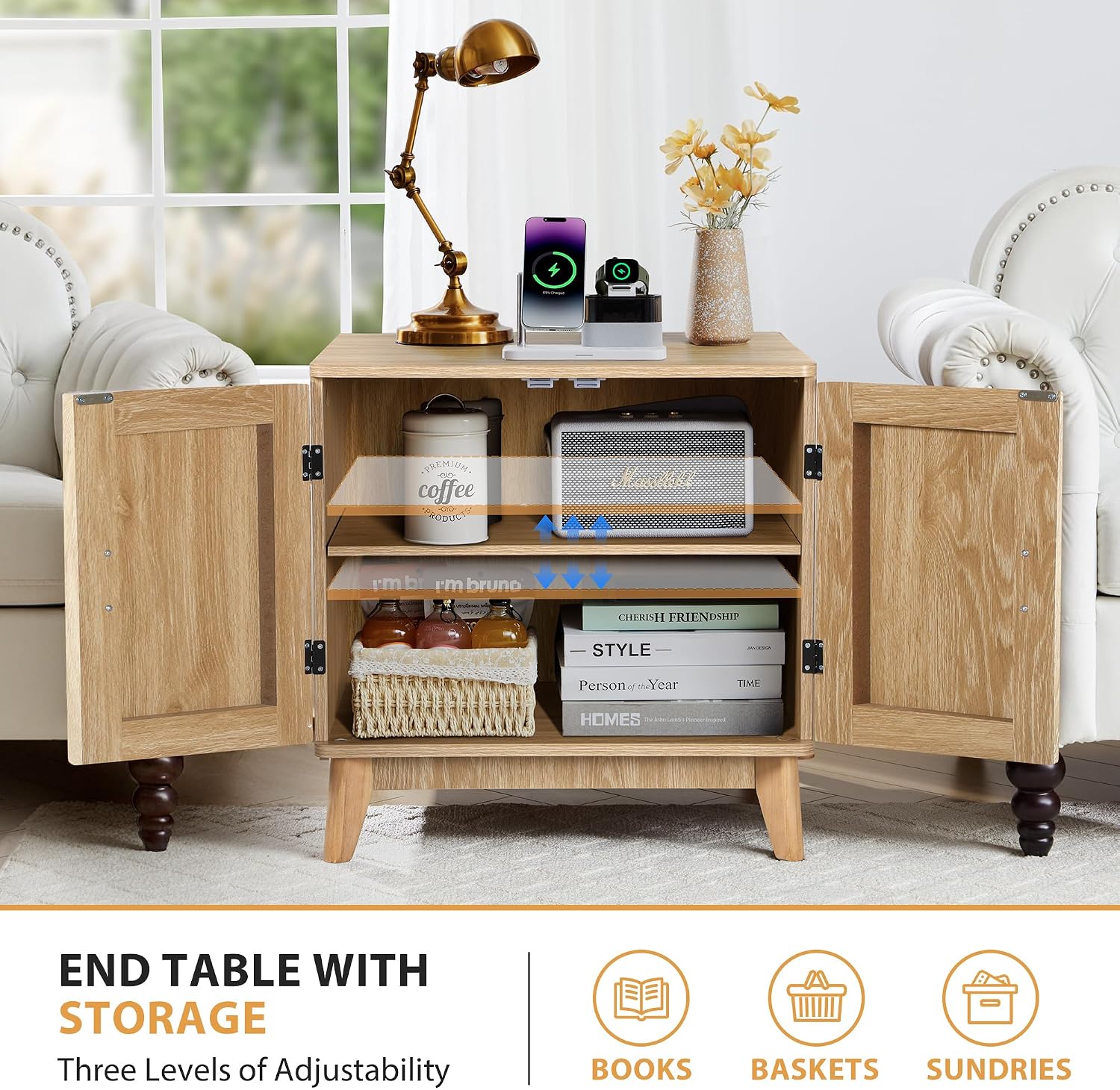 Fluted End Table with Charging Station, 2 Door Side Table with Storage, Mid Century Modern Nightstand for Bedroom Bedside, Living Room Couch Sofa, Office, Desk Side Table for Small Spaces-Natural
