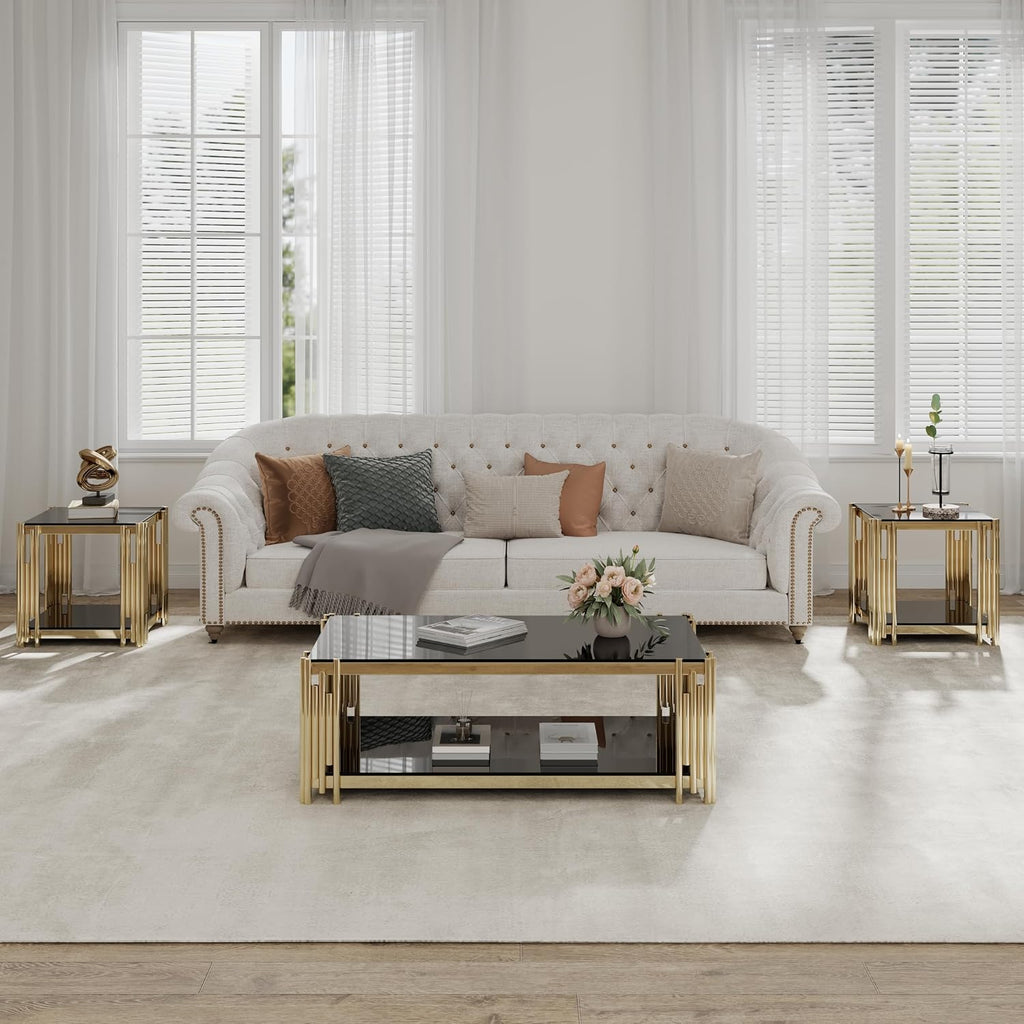 JIJIWANG 22' Small Square End Table, Side Table with Double-Layer Tempered Black Glass & Gold Stainless Steel Frame for Bedroom Living Room, Easy to Assemble Black