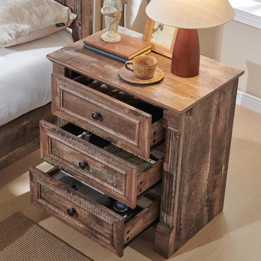 Aitjunz 26' Tall Nightstand with Charging Station, Farmhouse 23.6' Wide Large End Table w/Roman Column, Wood Rustic Side Table w/Metal Handle, 3 Drawers Dresser for Bedroom, Living Room, Light Brown