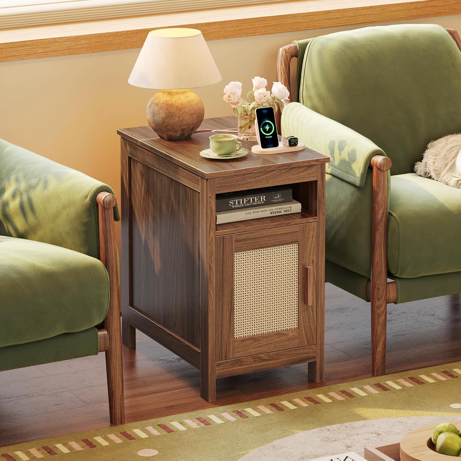 Huuger Narrow Night Stand Set of 2, End Table with Charging Station, USB-C Port, Rattan Side Table with Cabinet and Open Shelf, Synthetic Rattan, for Small Spaces, Bedroom, Walnut