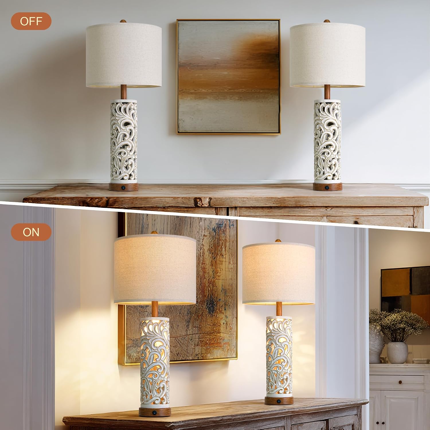 OYEARS 2-in-1 Light Table Lamp Set of 2 for Living Room, 28.5' Farmhouse Bedside Lamps with USB Charging Port, Main&Night Light & Dual Switches, Nightstand Lamp for Bedroom Home Office(Bulb Included)