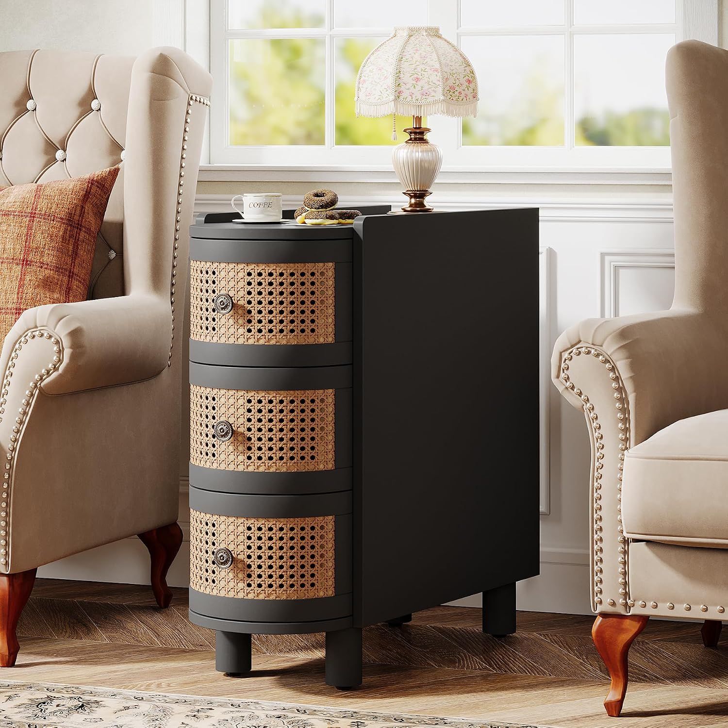 Tribesigns 3-Drawer Rattan End Table, Sofa Side Table with Vintage Embossed Handles, Slim Nightstand for Living Room, Bedroom, Finished Back, No Assembly (Black & Oak, 1 PC)
