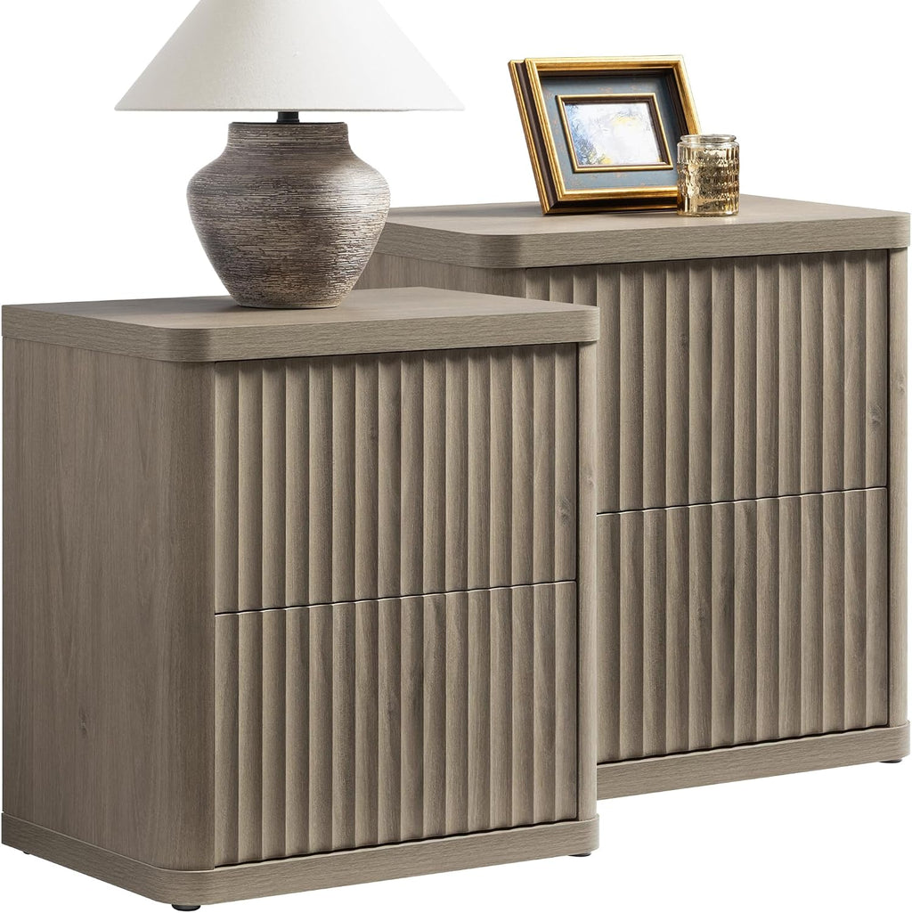 SICOTAS Night Stand Set of 2 Nightstands with 2 Drawers Storage Bedside Table Large Fluted Bed Side End Table Modern 24.4' Tall Wide Night Stands for Bedroom Living Room Sofa Couch Office, Grey Alder