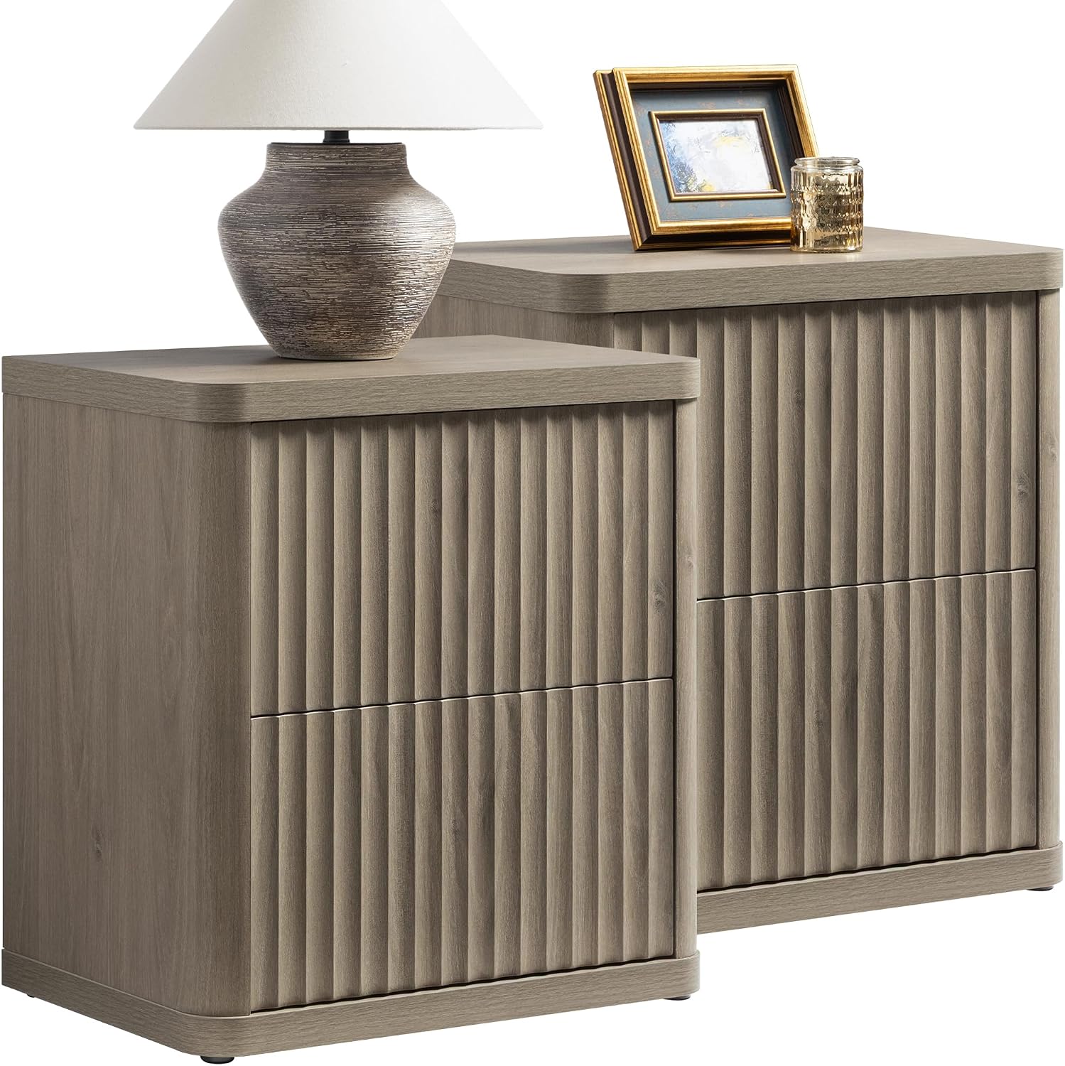 SICOTAS Night Stand Set of 2 Nightstands with 2 Drawers Storage Bedside Table Large Fluted Bed Side End Table Modern 24.4' Tall Wide Night Stands for Bedroom Living Room Sofa Couch Office, Grey Alder