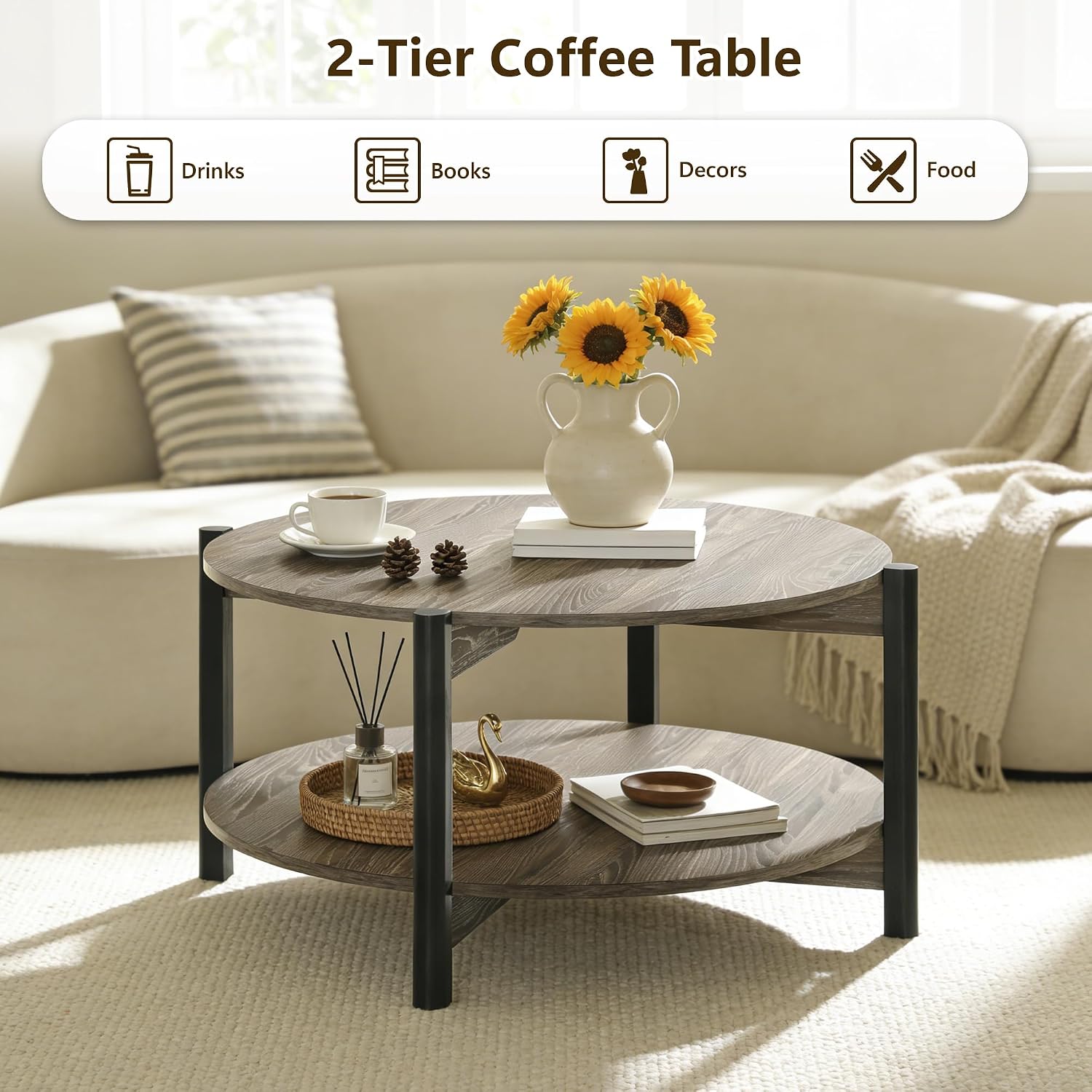 Round Coffee Table Set of 2, 34.4' Modern Wood Coffee Table and Side Table, Sturdy X-Brace Frame, 2 Piece Coffee Table for Living Room, Home Office