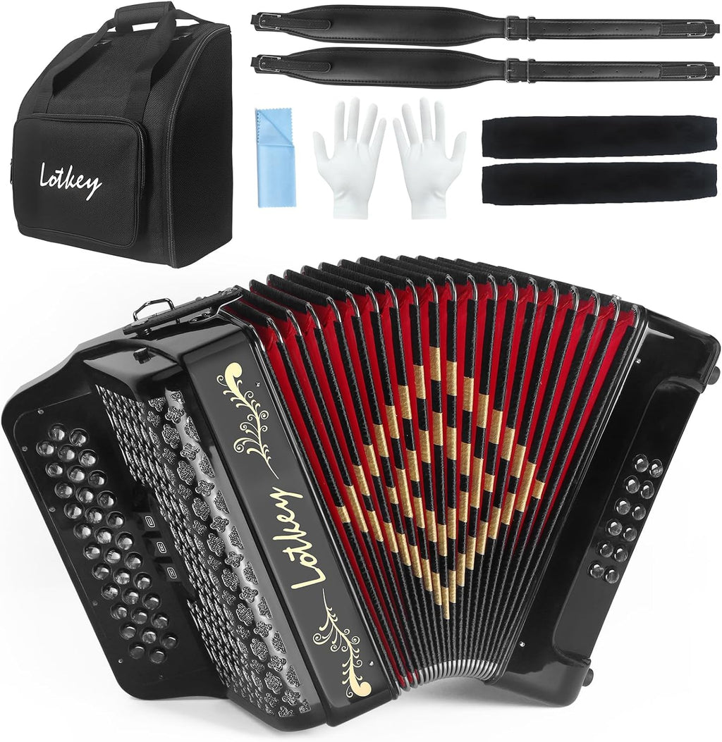 Lotkey 34 Key Diatonic Accordion, 3412 Multi Tone Celluloid Accordions Louder Clearer Timbre than Plastic for Adult, Beginner, Professional with Updated Bag, Straps, Acordeón Wrist Guard (FBE Black)