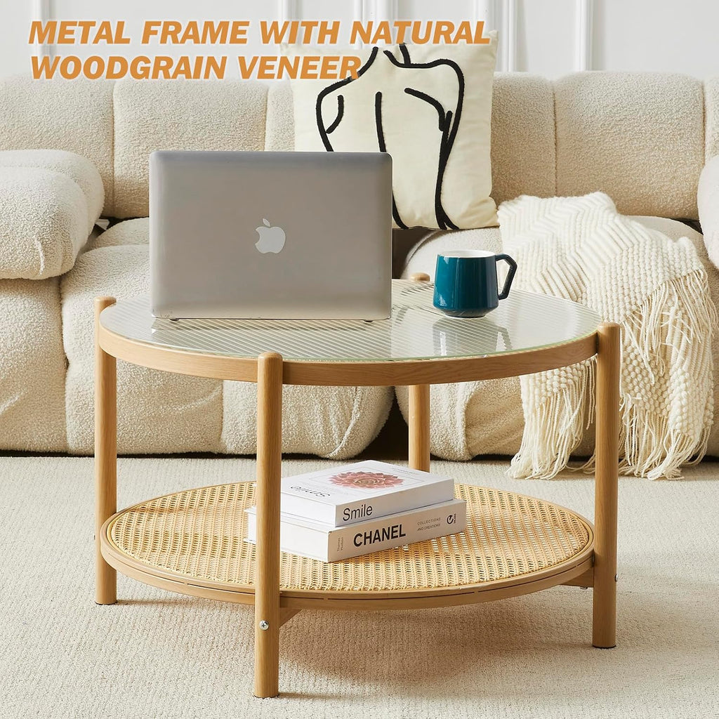 Boho Rattan Coffee Table Set of 2, Round Glass Living Room Table Set, Modern Simple 2 Tier Middle Center Table for Small Space Living Room Bedroom Office Meeting Room