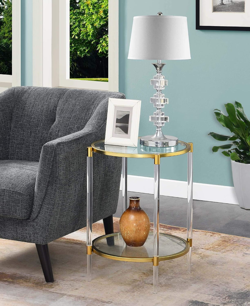 Convenience Concepts Royal Crest 2 Tier Acrylic Glass End Table, Glass/Gold