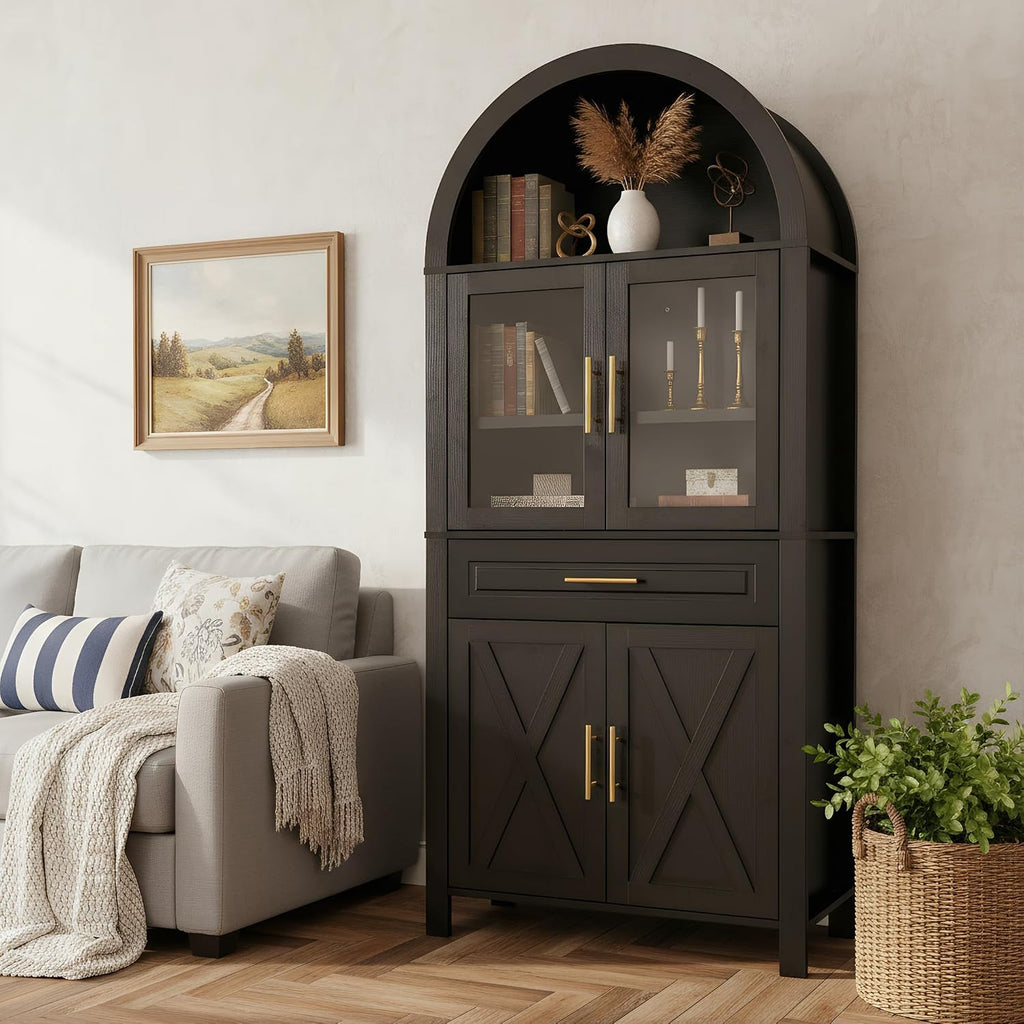 71' Farmhouse Arched Kitchen Pantry Cabinet with Glass Doors & Large Drawer, Wood Versatile Cupboard with Adjustable Shelves for Kitchen Dining Room Living Room Coffee Bar(Black)