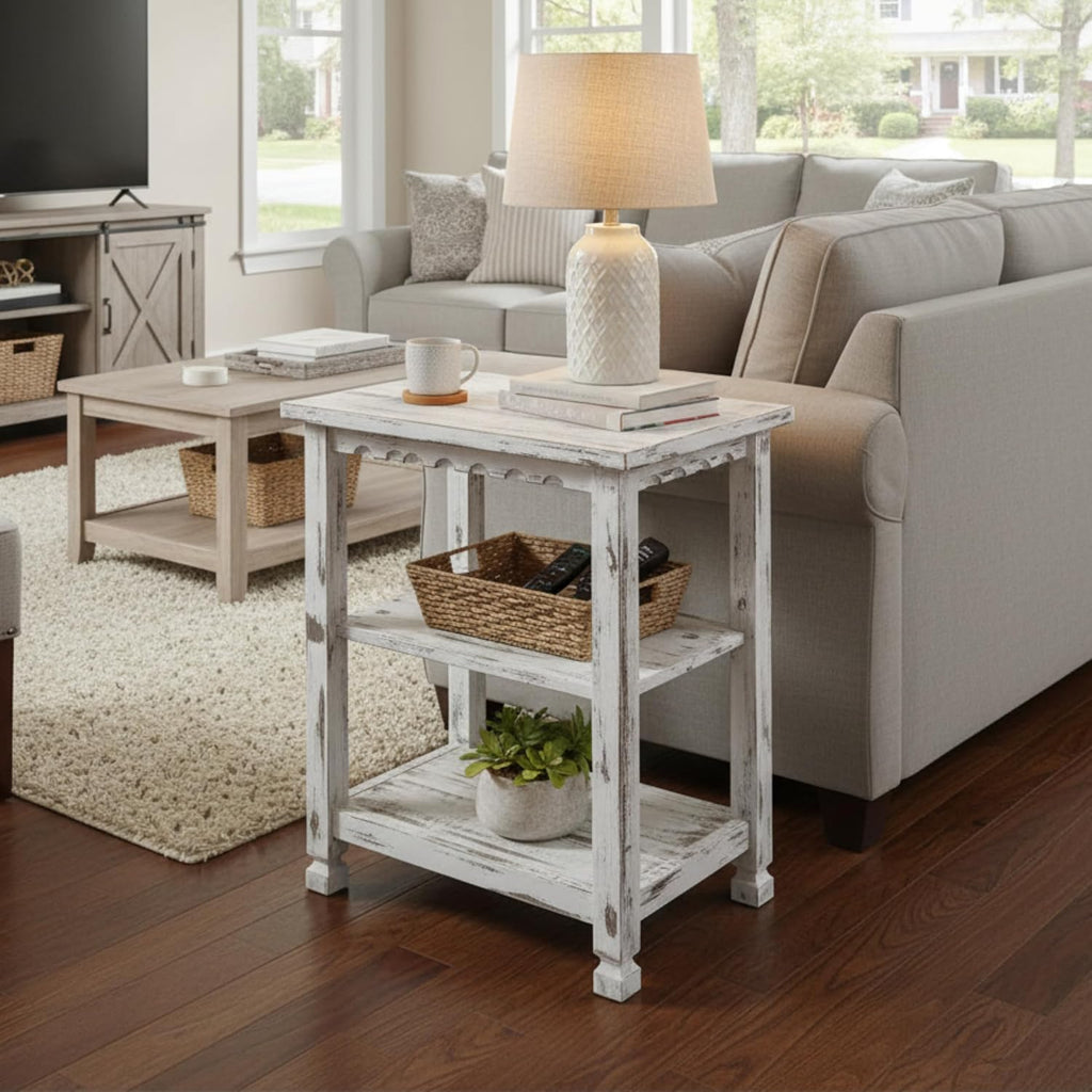 Alaterre Furniture Country Cottage Rustic Farmhouse Nightstand – 3-Tier Narrow End Table with Weathered Faded Finish, Carved Edges, & Turned Legs (Distressed Antique White)