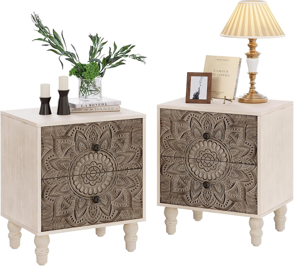 COSIEST Vintage Nightstand Set of 2, 18' Wide Wood Small Bed Side Table with 2 Drawers, Accent Bedside Table, Bedroom Furniture for Home, Office (Lotus Pattern)