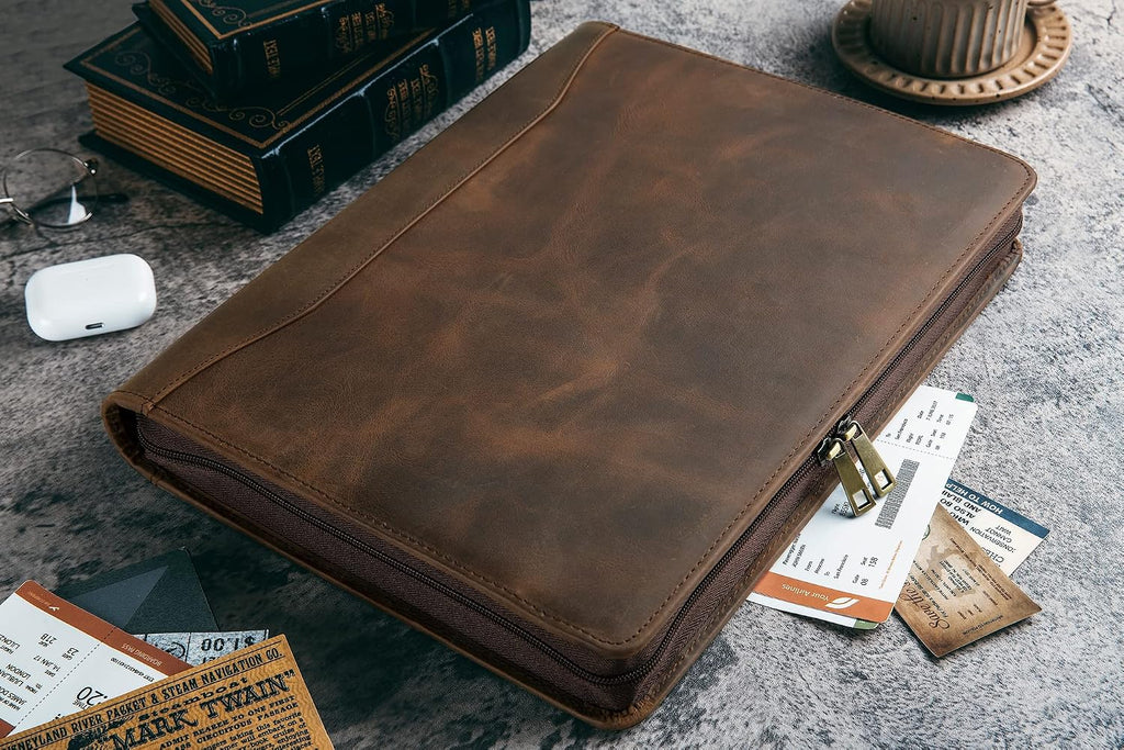 Leather Portfolio with 3 Ring Binder, Personalized Leather Binder Padfolio Zippered ortfolio Organizer, Engraved Leather Portfolio Binder, Custom Gift for Men Women （Dark Khaki, Non-Custom）