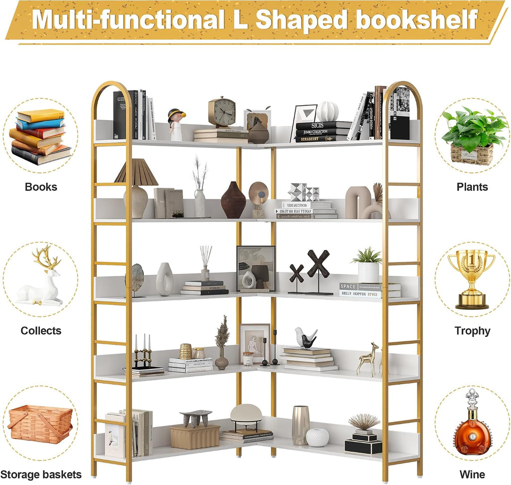Nosepen Corner Bookshelf, 5 Tiers Tall Open Corner Etagere Bookcase Storage Organize, L-Shaped Large Corner Bookshelves, Corner Shelf Storage Display Rack with Metal Frame for Living Room Home Office
