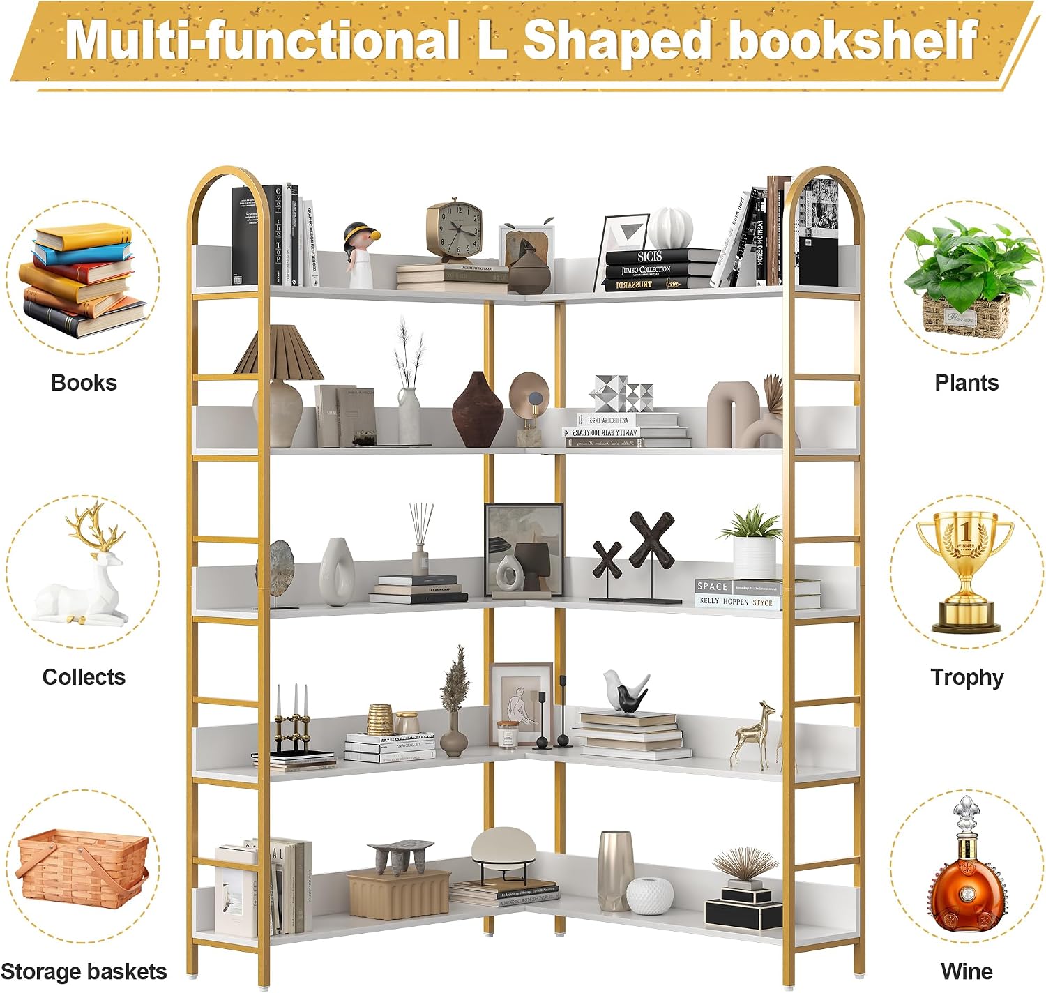 Nosepen Corner Bookshelf, 5 Tiers Tall Open Corner Etagere Bookcase Storage Organize, L-Shaped Large Corner Bookshelves, Corner Shelf Storage Display Rack with Metal Frame for Living Room Home Office